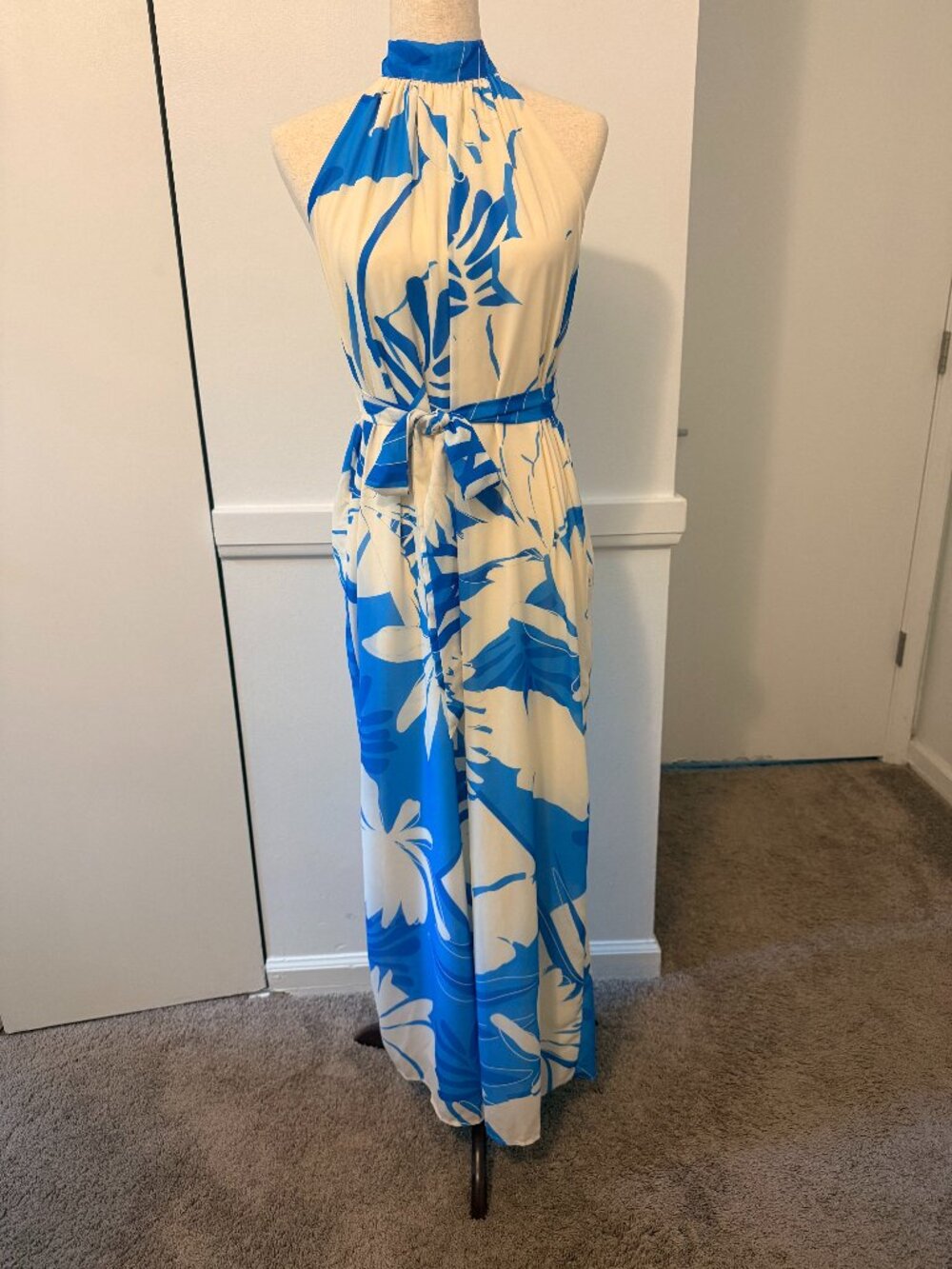 Petal & Pup Blue and White Halter Jumpsuit with Tie Waist